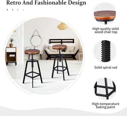 Miniatura 5 de Taburetes de bar industriales, silla de comedor de cocina, taburete de metal de madera, silla giratoria de altura ajustable, negro, juego de 2