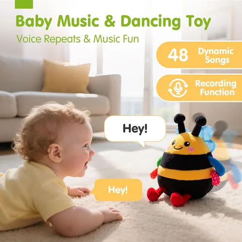 Miniatura 3 de hahaland Juguete de abeja que rebota para el tiempo boca abajo para 6 a 12 meses, juguete musical de abeja de peluche bailarín, juguete de abeja