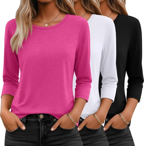 Miniatura 39 de Ficerd Paquete de 3 camisetas de manga 3/4 para mujer, cuello redondo, camisetas básicas elegantes, casuales, modernas, holgadas