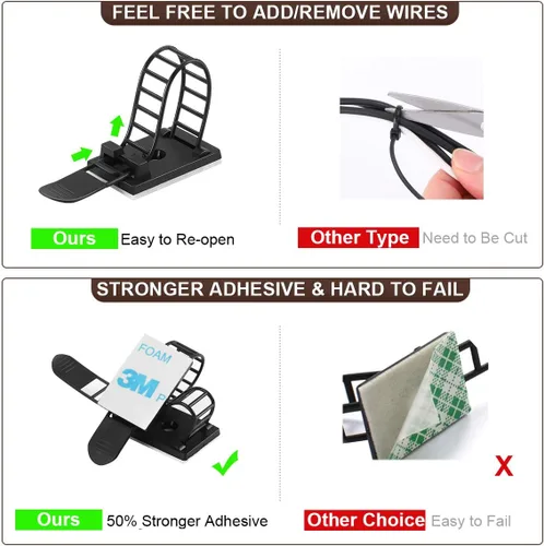Miniatura 4 de Clips adhesivos para organizar cables, 50 piezas ajustables de nailon para correas de cables, clips de alambre organizador con cinta adhesiva Negro