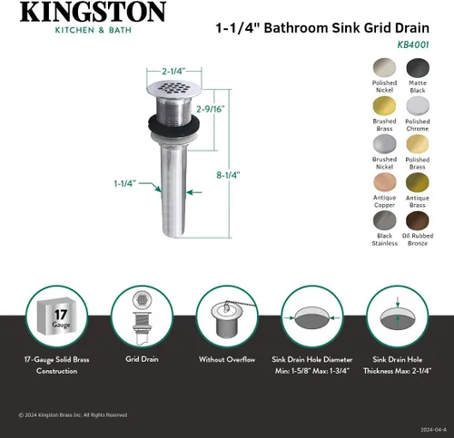 Miniatura 3 de Kingston Brass KB4007 Fauceture Grid Drain without Overflow, latón cepillado, 8.25 x 2.25 x 2.25 pulgadas
