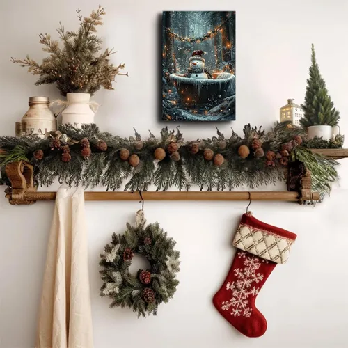 Miniatura 3 de Arte de pared de Navidad para baño, muñeco de nieve de Navidad en la bañera, impresión en lienzo de baño, escena clásica de Navidad, invierno
