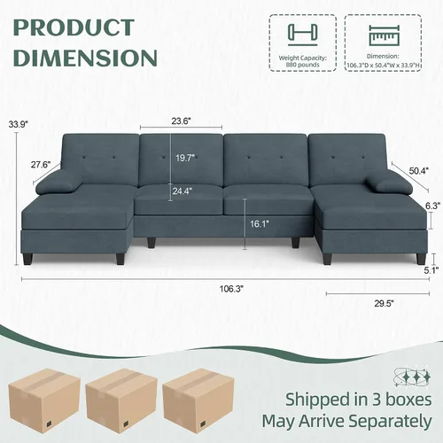 Miniatura 2 de Vongrasig Camillas seccionales para sala de estar, sofá en forma de U con diván, sofá modular grande de 4 asientos moderno para sala de estar, Gris