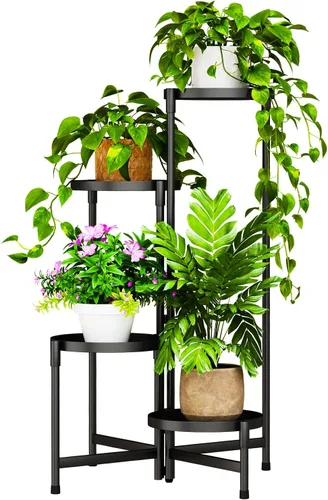 Miniatura 11 de Soporte negro de 2 niveles para plantas en interiores, 30 pulgadas de alto, estante de esquina de metal resistente para plantas estrechas para piso