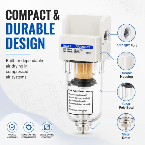 Miniatura 4 de BLCH Secador de Línea de Aire de 1/4" NPT - Secador de Aire para Compresor, Sistema de Secado de Aire Comprimido AF2000-02Z con Drenaje Manual
