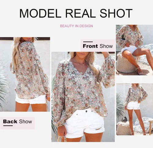 Miniatura 3 de SHEWIN - Blusas casuales, holgadas, de estilo bohemio, mangas largas, con cuello en V y estampado floral para mujer