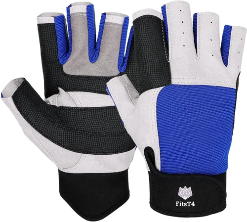 FitsT4 Sports Guantes de vela de 3/4 dedos y agarre, ideales para vela, yate, remo, kayak, pesca, deportes acuáticos para hombres y mujeres Azul