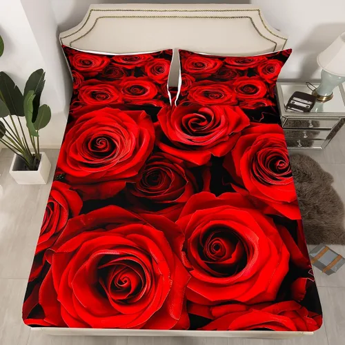 Miniatura 2 de Juego de sábanas de rosas rojas, tamaño individual, juego de sábanas florales de color rojo degradado y negro para niñas, mujeres, niños