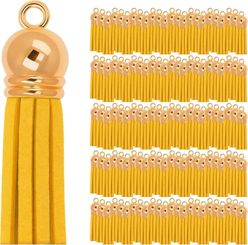 Miniatura 79 de Mandala Crafts 100 borlas de gamuza sintética color aguamarina con tapa dorada, suministros para hacer llaveros a granel, pequeñas borlas de cuero