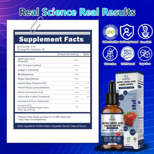 Miniatura 7 de Gotas líquidas de ácido alfa lipoico de 1000 mg, suplemento de ALA 11 en 1 de fuerza máxima con acetil L-carnitina benfotiamina y B1 B12 C E, ácido