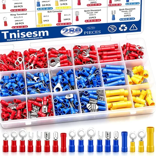 Tnisesm Kit surtido de conectores de crimpado de alambre aislado con anillo, pala, tope, desconexión rápida, terminales de cable automotriz de 280