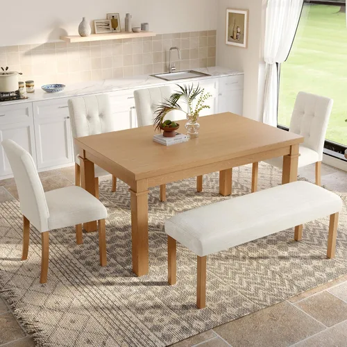 Miniatura 2 de P PURLOVE Juego de mesa de comedor de 6 piezas, mesa de cocina rectangular de madera con 4 sillas tapizadas, 1 banco para comedor y sala de estar