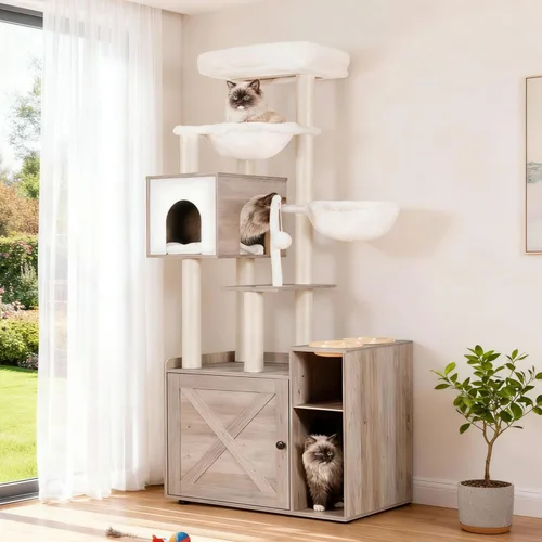 Miniatura 10 de Hey-brother Árbol para gatos con recinto de caja de arena XL, torre para gatos todo en uno para gatos de interior con hamaca grande, cama, estación