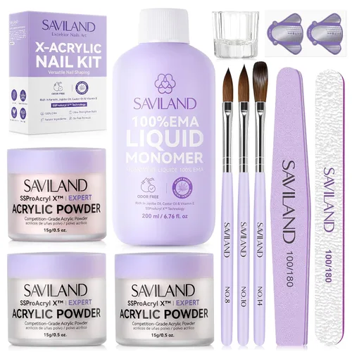Miniatura 30 de Saviland Kit de iniciación de uñas acrílicas: polvo y líquido acrílico rosa claro nude, cepillo, limas, formularios, uñas a presión, juego