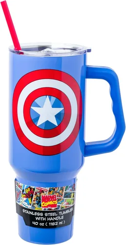Miniatura 9 de Silver Buffalo Marvel Avengers - Vaso de acero inoxidable con asa, popote y tapa de pajilla, diseño de Iron Man, Capitán América, Blue Beetle, Thor