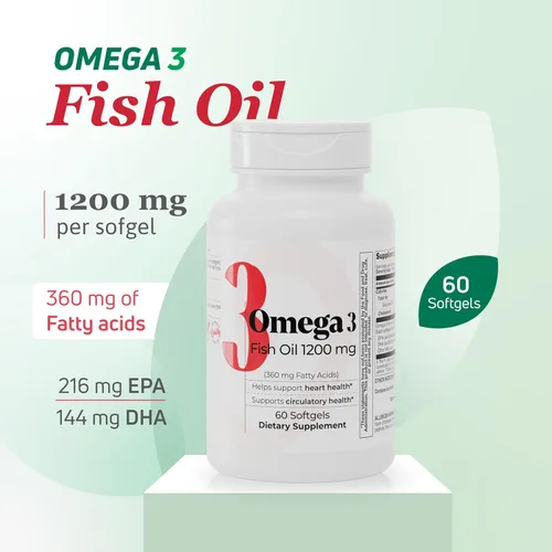 Miniatura 5 de Aceite de pescado 1200 mg – 360 mg de ácidos grasos omega-3 – Apoya la salud del corazón, la salud circulatoria y la función cognitiva, suplemento