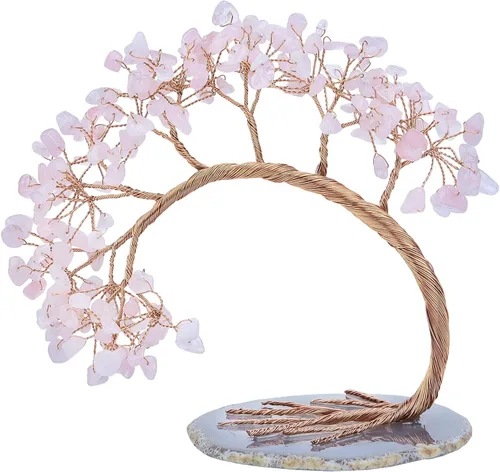 Miniatura 14 de Nupuyai Árbol de dinero de cristal curativo de alambre de cobre de 3-4 pulgadas para la buena suerte, base de rodajas de ágata bonsái, decoración