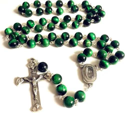 elegantmedical HECHO A MANO 10MM verde Tiger Eye Bead Rosario CROSS collar católico Lourdes Medalla de agua