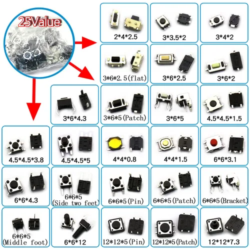 Miniatura 7 de 250pcs 25 valores Interruptor táctil de botón SMD Micro Momentary Tact Switch Surtido Kit