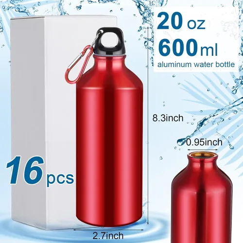 Miniatura 4 de CHENGU Paquete de 16 botellas de agua de aluminio de 20 onzas, botellas de agua reutilizables en blanco, botella de aluminio ligera, botella de Rojo