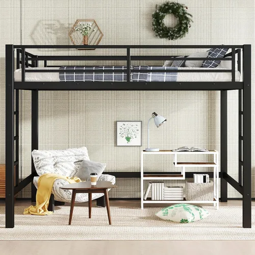Miniatura 10 de Twin Size Metal Loft Bed with Open Space Underneath, Heavy Duty Bed Frame with 2 Ladders and Tall Guardrail for Adults, Kids and Young Teens, Black
