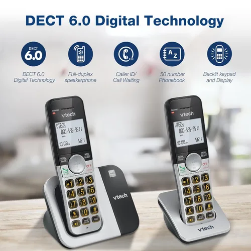 Miniatura 6 de VTech Teléfono inalámbrico de 2 auriculares con pantalla grande y botones grandes, DECT 6.0 con identificador de llamadas/llamada en espera, altavoz