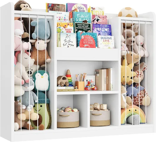 ONBRILL Organizador de almacenamiento de juguetes, almacenamiento de animales de peluche con estantería de 4 niveles, funda de almacenamiento de