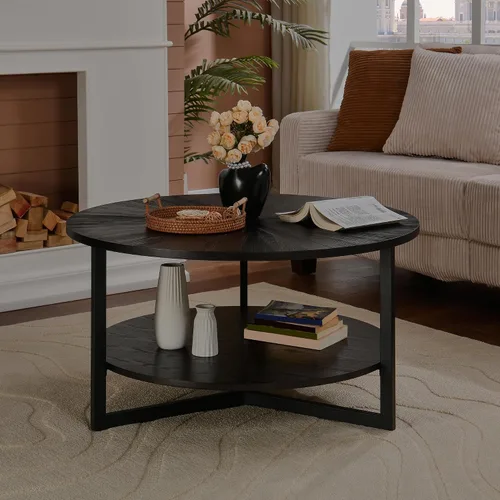 Mesa auxiliar redonda con estante de almacenamiento, mesa central circular de 33.5 pulgadas con patas de metal negro, mesa de cóctel industrial de 2