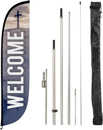 Miniatura 16 de LookOurWay Kit de asta de bandera de plumas, pancarta publicitaria de 7 pies de alto con juego de poste de fibra de vidrio y pico de tierra