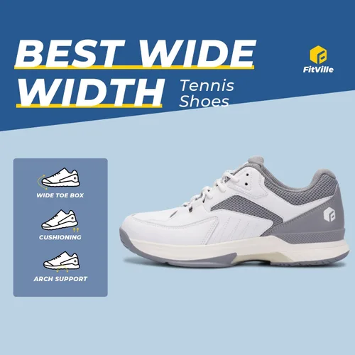 Miniatura 7 de FitVille Zapatos anchos de pickleball para hombre de toda cancha, zapatos de tenis con soporte de arco para fascitis plantar
