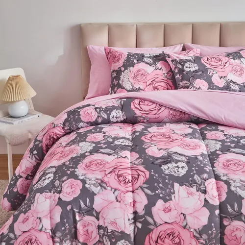 Miniatura 5 de Juego de sábanas de edredón de flores, color gris, cama en una bolsa, juego de ropa de cama reversible de 7 piezas tamaño King de microfibra floral