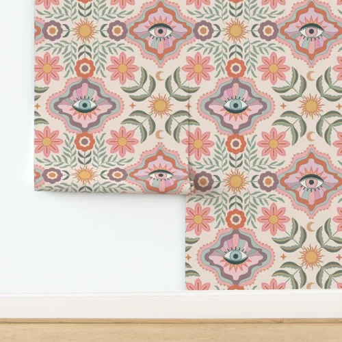Miniatura 4 de Despegar y pegar muestra de papel tapiz – Boho Floral Retro Eyes Adolescente Femenino Adolescente Femenino Flores Bohemio Femenino Niños Sol