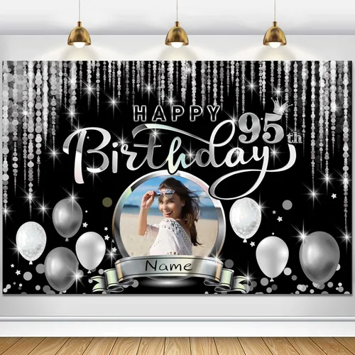 Miniatura 117 de Cartel de decoración de feliz cumpleaños número 100 personalizado - Personalización disponible - Negro y plateado - Tamaño grande - Admite fotos