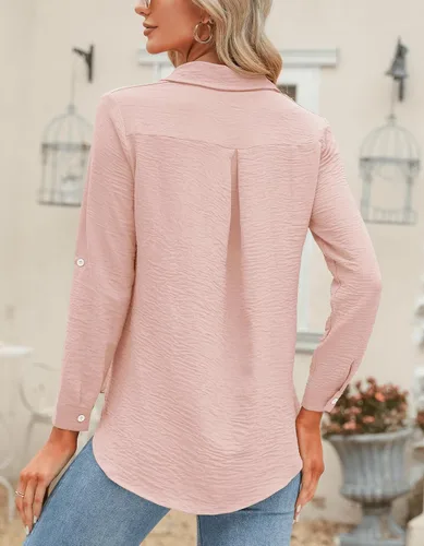 Miniatura 71 de Odosalii - Camisas con botones para mujer, con cuello en V, manga larga, enrolladas, blusas elegantes y formales para negocios y ocasiones casuales
