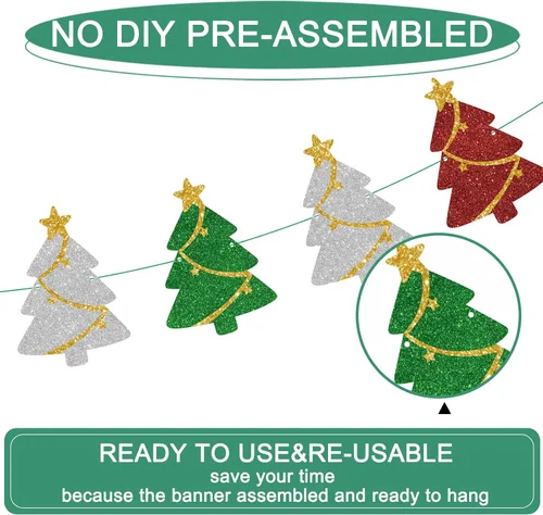 Miniatura 4 de Juego de 3 decoraciones de Navidad preencordadas, guirnalda de pancarta para árbol de Navidad con purpurina para fiesta de invierno, decoración
