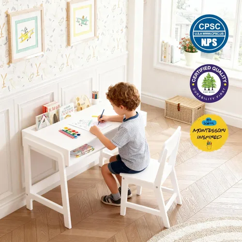 Miniatura 6 de UTEX Juego de escritorio y silla para niños, escritorio de estudio para niños con cubos de almacenamiento, mesa de estudio para niños de madera