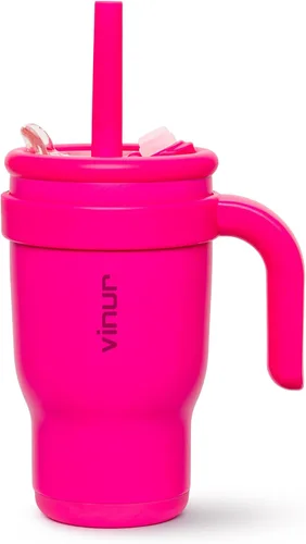 Miniatura 26 de VINUR Vaso para niños con asa - 14 oz de acero inoxidable con aislamiento al vacío de doble pared con tapa y pajita, vaso de agua de viaje