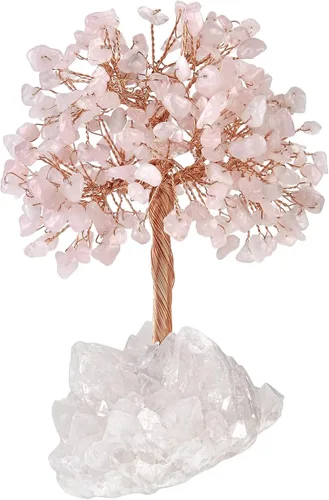 Nupuyai Árbol de cristal de cuarzo rosa curativo hecho a mano con racimo de cuarzo de roca, árbol de dinero bonsái de piedra energética, decoración