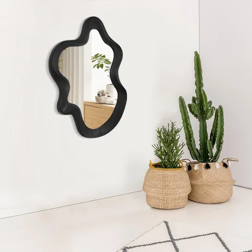 Miniatura 6 de Espejo asimétrico para decoración de pared, grande, moderno, ondulado, con marco de madera, espejo de pared con forma única montado en pared
