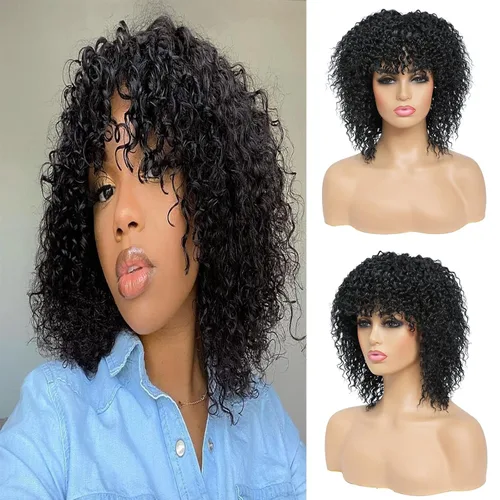 Pelucas rizadas para mujeres negras, pelucas afro para mujeres negras, pelucas cortas sintéticas naturales sintéticas rizadas con flequillo, peluca