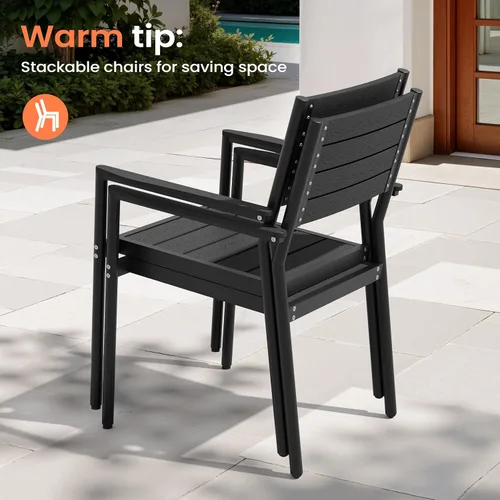Miniatura 8 de Pellebant Juego de 2 sillas de comedor apilables para exteriores, sillas de patio de aluminio con brazos, para todo tipo de clima, para jardín, Negro