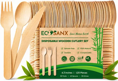 Miniatura 13 de ECOSANX® 120 piezas de tenedores de madera para comer de 16.5 cm libres de astillas, compostables, juego de cubiertos de madera ecológico