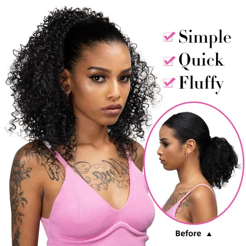 Miniatura 5 de Extensión de cabello corto negro con cordón para mujeres negras, cola de caballo recta de 14 pulgadas con rizos finales, postizos sintéticos