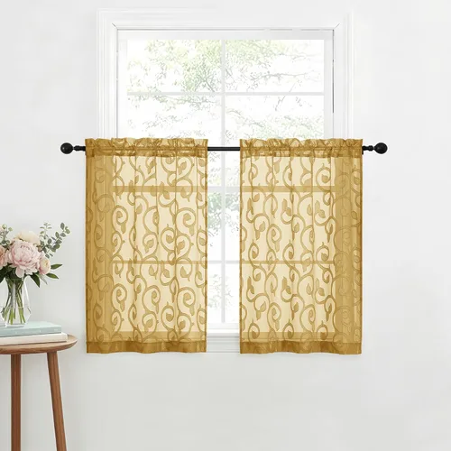Miniatura 77 de OWENIE Furman - Juego de 2 paneles de cortinas traslúcidas negras de 24 pulgadas de largo, cortinas semitransparentes de jacquard ligeras y aireadas