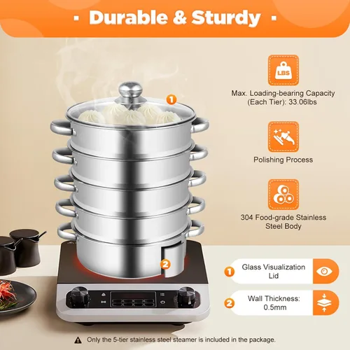 Miniatura 2 de Olla de vapor para cocinar de acero inoxidable de 10.2 pulgadas, olla de vapor de 5 niveles con tapa, utensilios de cocina multiusos para cocinar