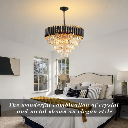 Miniatura 4 de Candelabro de cristal moderno dorado de 5 niveles para sala de estar, lámpara de araña grande de cristal negro, lámpara colgante de techo