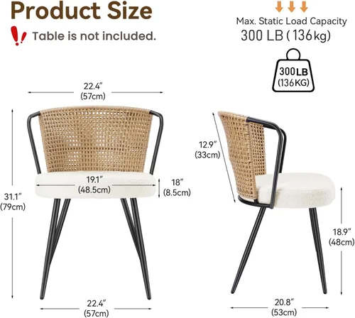Miniatura 4 de BedsPick Juego de 6 sillas de comedor de ratán, silla de cocina de ratán tapizada de polietileno con cojín de bucle, asiento de comedor con respaldo