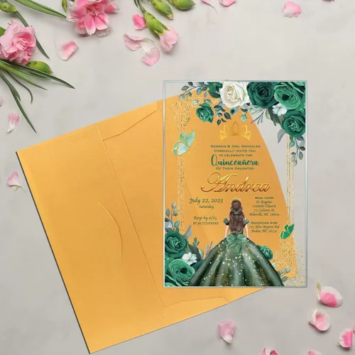 Miniatura 4 de Avior Invitación de quinceañera Vestido verde esmeralda Invitación de vidrio acrílico, Mis Membrillo, Dulce 15, Dulce 16, Diseño floral, xv anos, 15