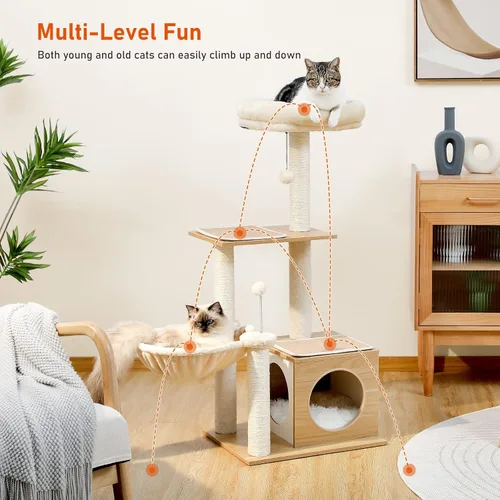 Miniatura 3 de PEQULTI - Torre para gatos moderna, árbol de gato de varios niveles para gatos de interior, casa de juego para gatos con gran condo, hamaca