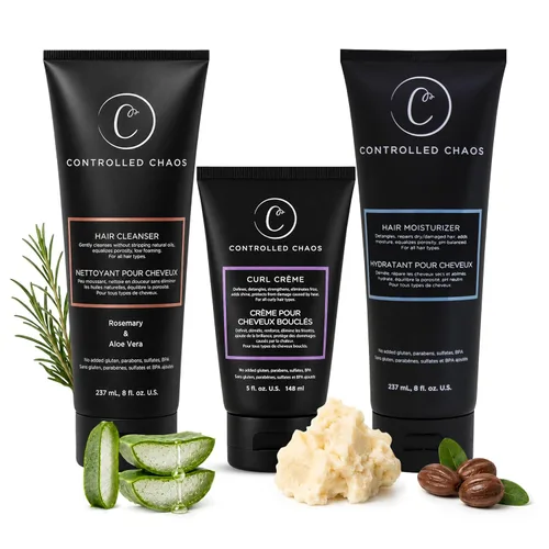 Controlled Chaos Set de cuidado del cabello para cabello rizado, paquete de 3 unidades, incluye champú, acondicionador, crema definidora de rizos